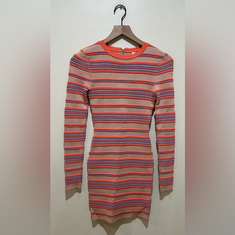Torn by Ronny Kobo Coral, Pink & Blue Striped Long Sleeve Bodycon Dress